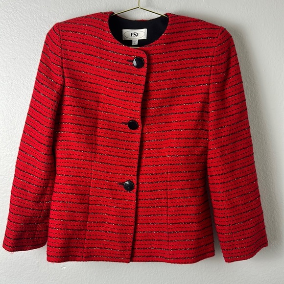 Vintage Jackets & Blazers - Vintage PSI Red Button Front Woven Metallic Wool Blend Jacket